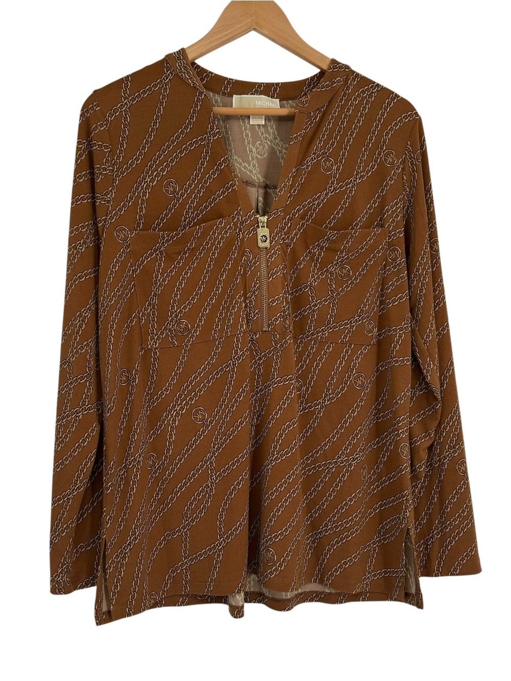 Michael Michael Kors Top Gold Size Large 3/4 Sleeves Gold Chains Career 1/4 Zip